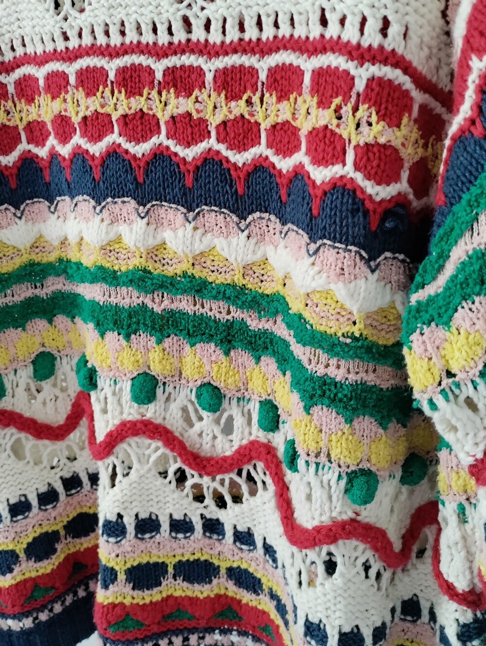 Mango Crochet Stripe Knit Sweater Boho Beachy Coogi Style Cotton - Picture 5 of 5
